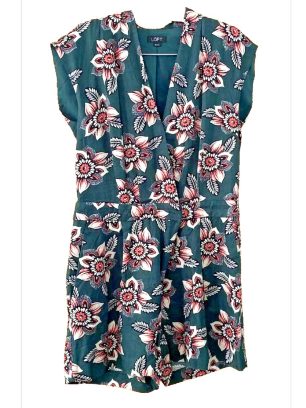 LOFT Floral Romper Cottagecore Floral Summer Romper Green Pink Pockets Size 00